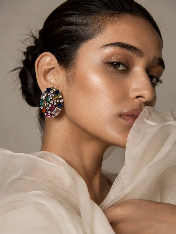 Multicolor Crystal Stud Black Rhodium Earrings | SHOBITAM
