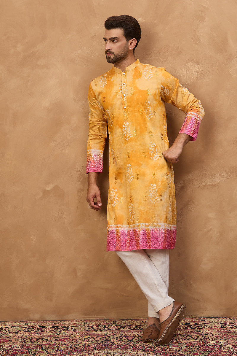 Yellow Silk Blend Batik Embroidered Straight Kurta  | SHOBITAM