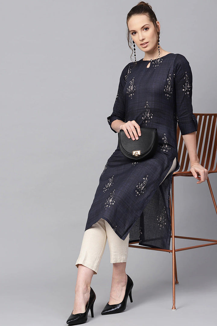 Rayon Blend Navy Blue and Off-White color Printed Straight Kurta | SHOBITAM