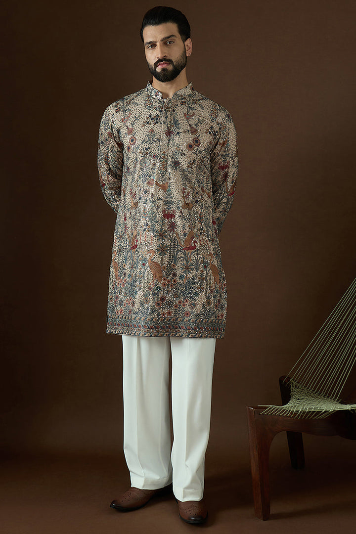 Cream Georgette Solid Embroidered Straight Kurta | SHOBITAM