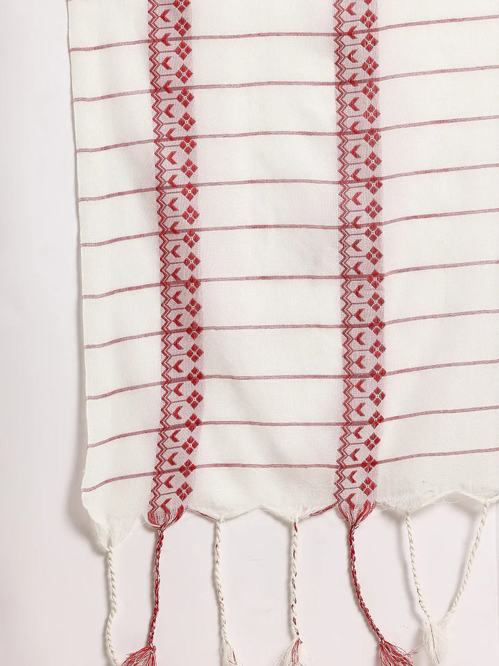 White-Red Pure Cotton Saree with Blouse piece