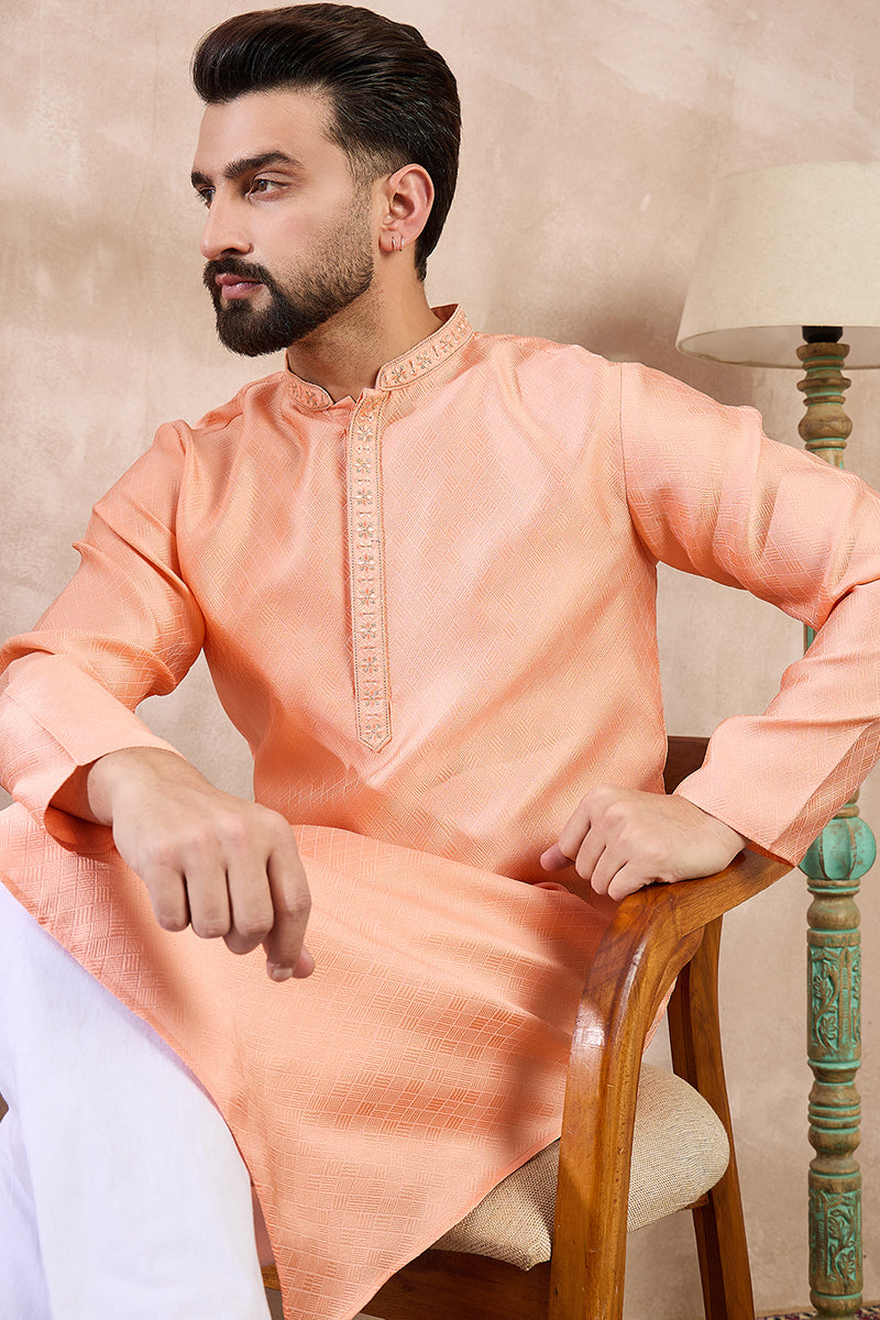 Peach Silk Blend Solid Embroidered Straight Kurta | SHOBITAM