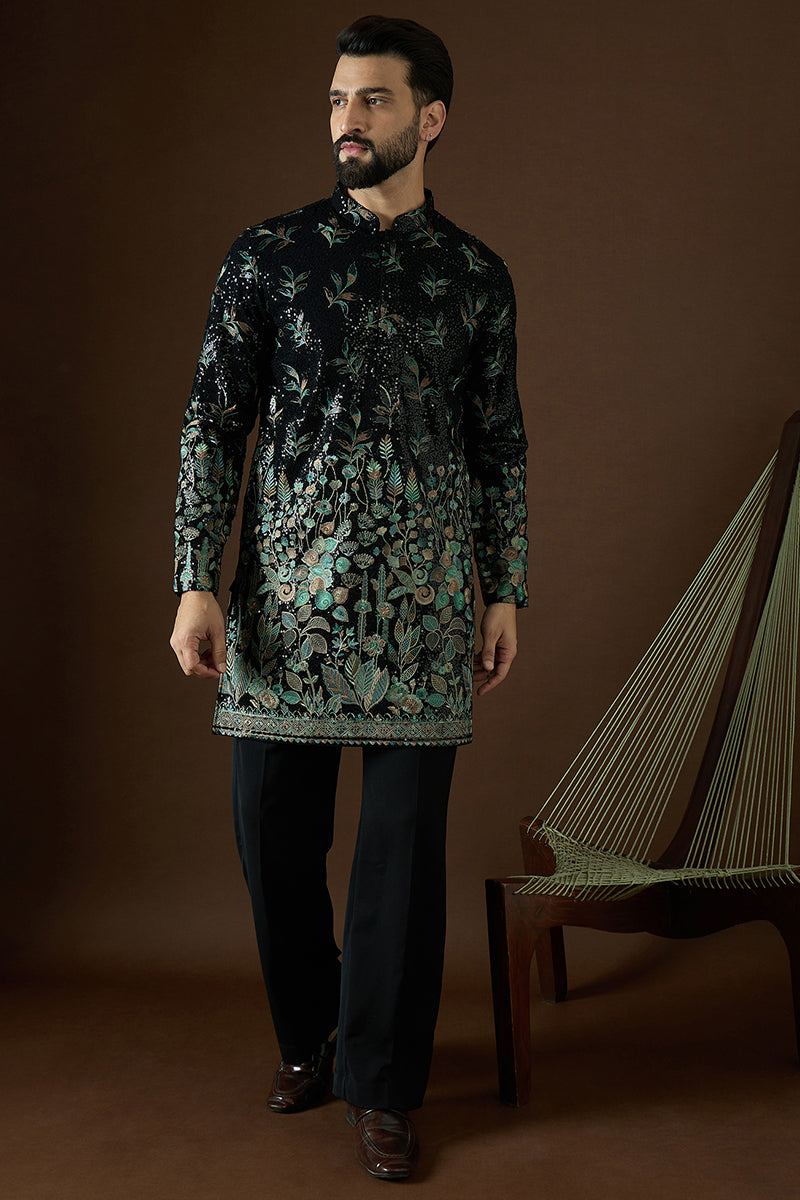 Black Silk Blend Solid Embroidered Straight Kurta | SHOBITAM