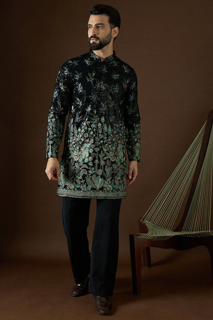 Black Silk Blend Solid Embroidered Straight Kurta | SHOBITAM