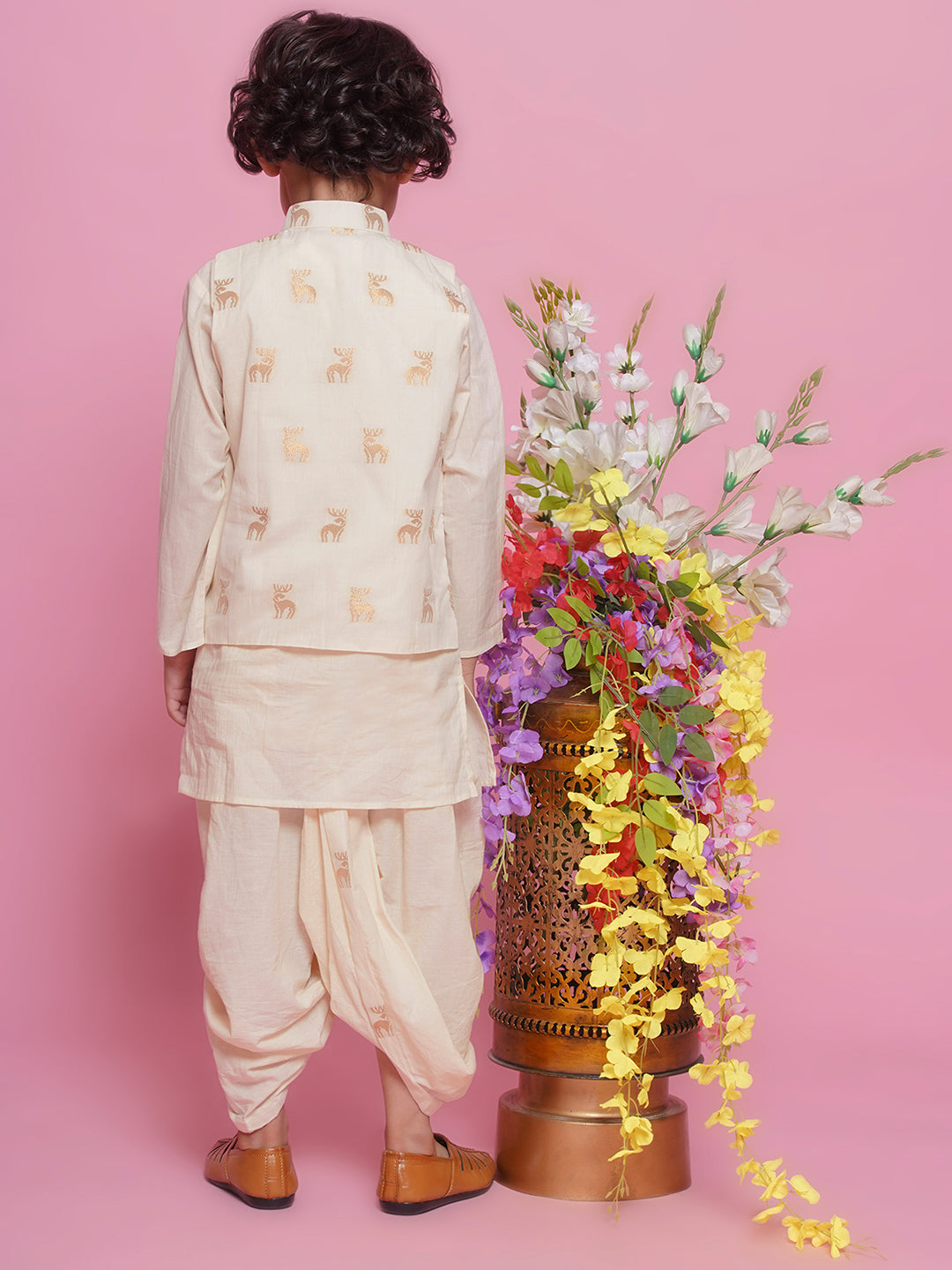 Cotton Sleevelees Golden Deer Embrodiery Nehru Jacket with Kurta and Dhoti - Cream | SHOBITAM