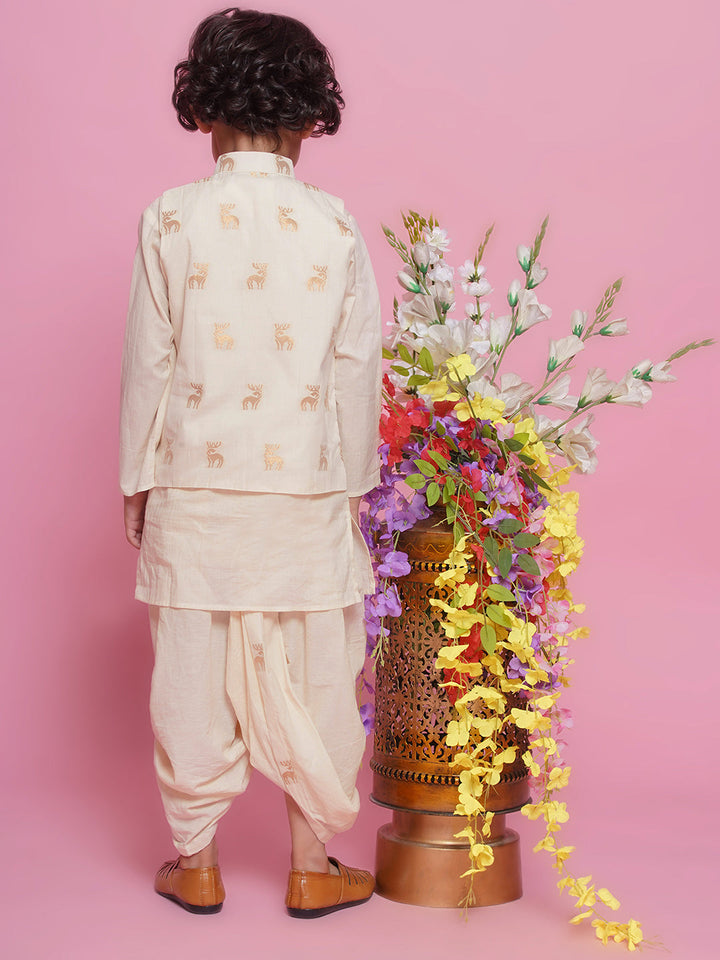 Cotton Sleevelees Golden Deer Embrodiery Nehru Jacket with Kurta and Dhoti - Cream | SHOBITAM