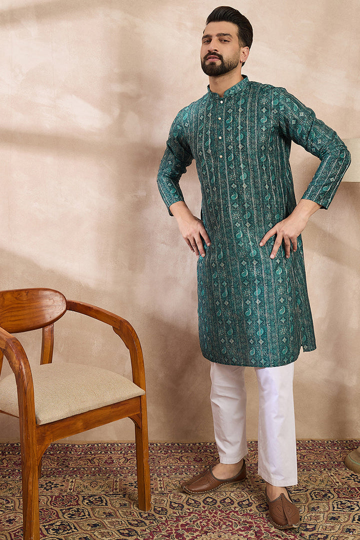 Green Silk Blend Ethnic Motifs Printed Straight Kurta With Trouser | SHOBITAM