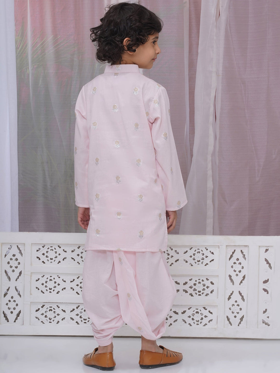 Boys Cotton Full Sleeves Kurta and Dhoti with Floral Zari Work - Pink | SHOBITAM