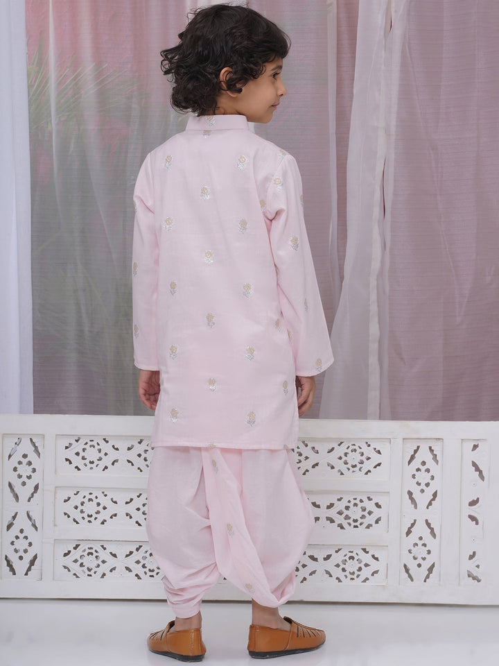 Boys Cotton Full Sleeves Kurta and Dhoti with Floral Zari Work - Pink | SHOBITAM