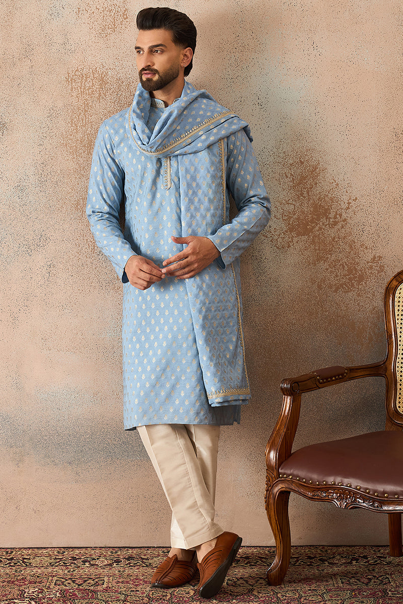 Men Blue Jacquard Woven Design Floral Straight Kurta Sets | SHOBITAM