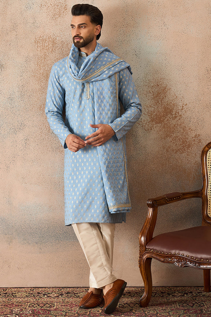 Men Blue Jacquard Woven Design Floral Straight Kurta Sets | SHOBITAM