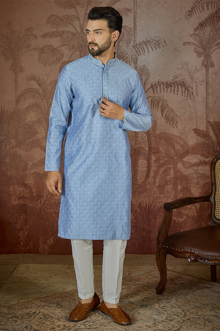 Mens Blue Jacquard Solid Embroidered Kurta  | SHOBITAM