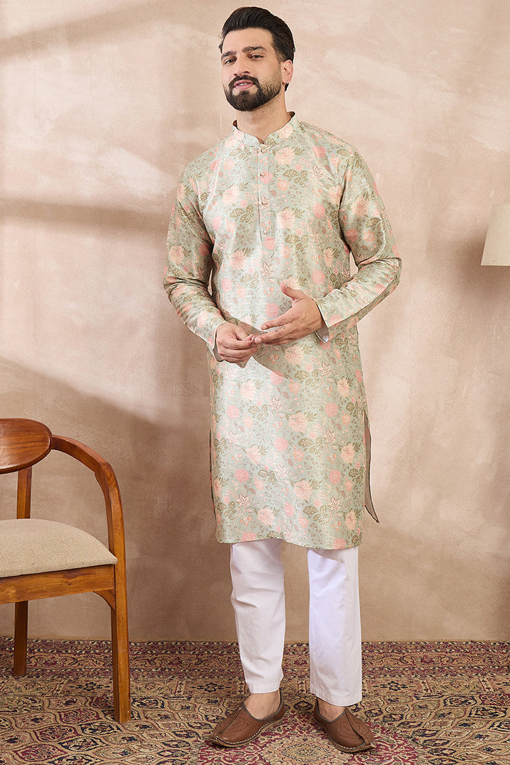 Green Silk Blend Floral Printed Straight Kurta For Men | SHOBITAM