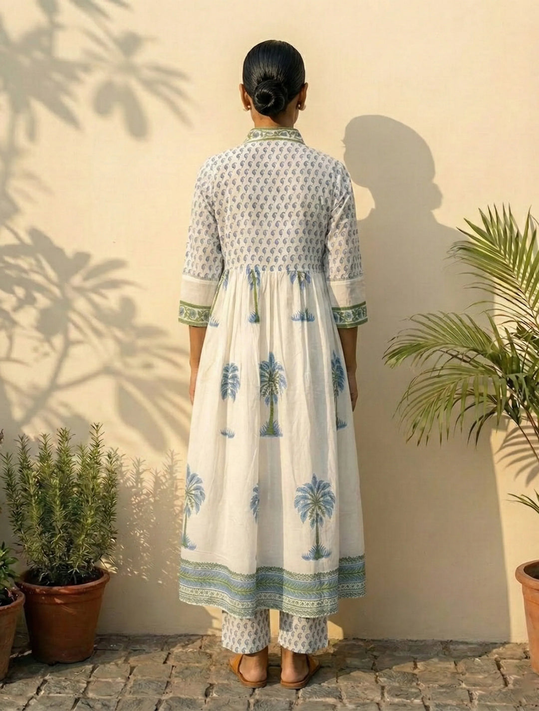White Blue Printed Anarkali Kurta Pant Dupatta Set | SHOBITAM