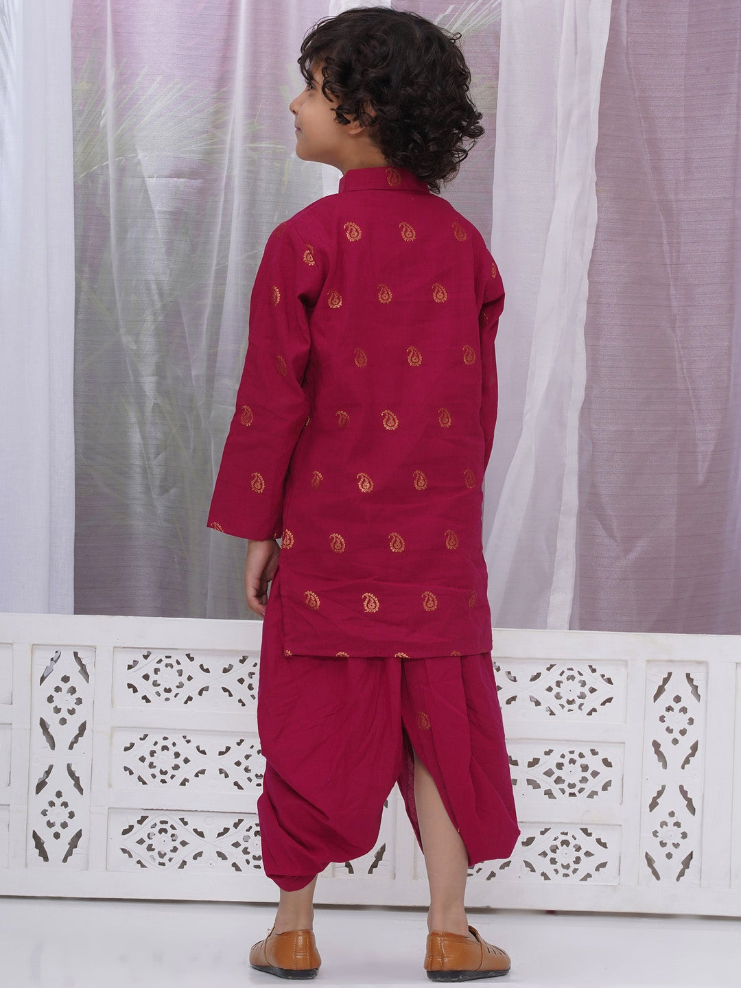 Boys Cotton Full Sleeves Kurta and Dhoti with Golden Paisley Zari Work- Rani | SHOBITAM