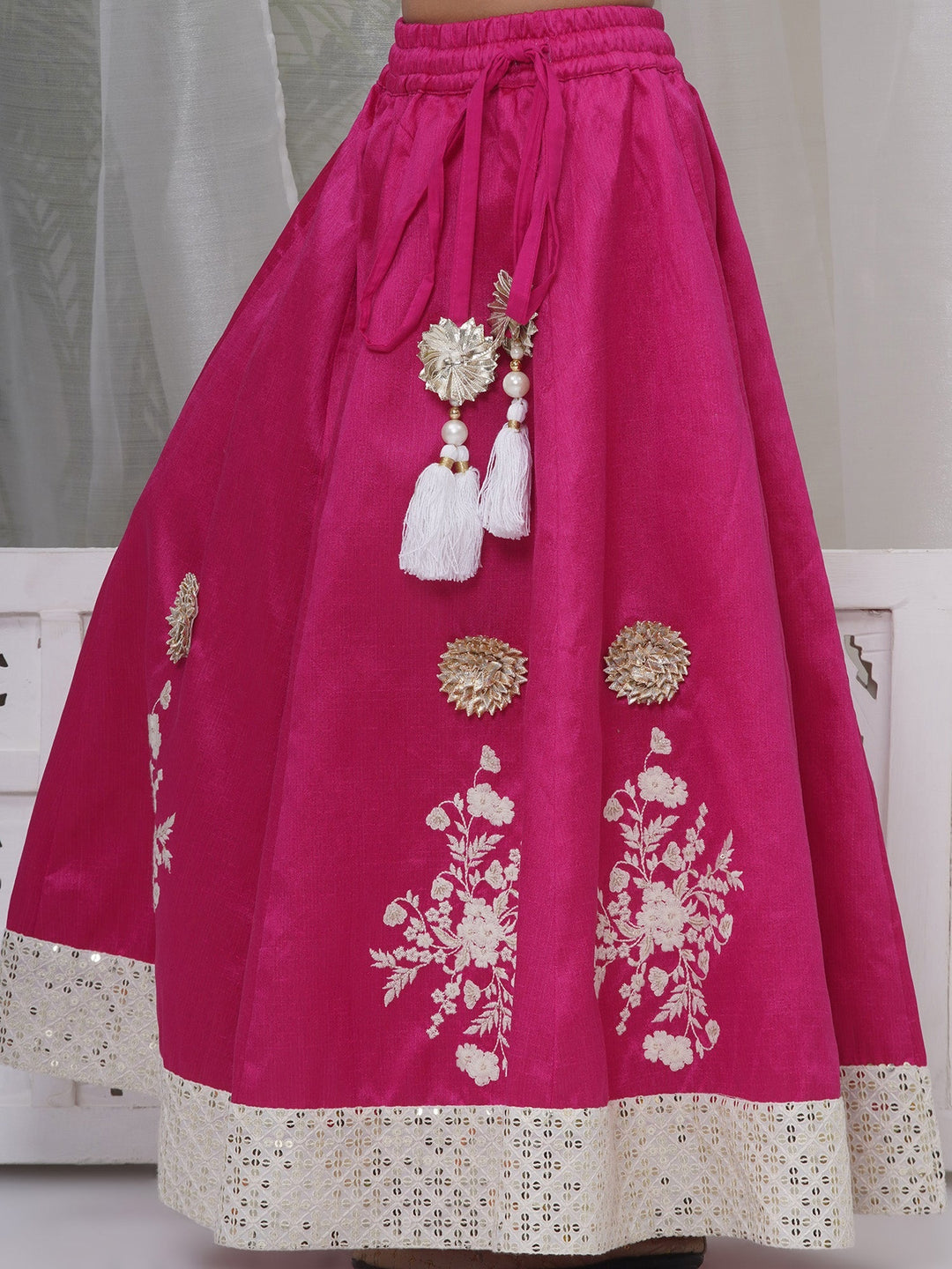 Girls Semi-Silk Brocade Kali Work Lehenga with Floral Thread Work & Sequin work Sleeveless Blouse with Dupatta - Hot Pink | SHOBITAM