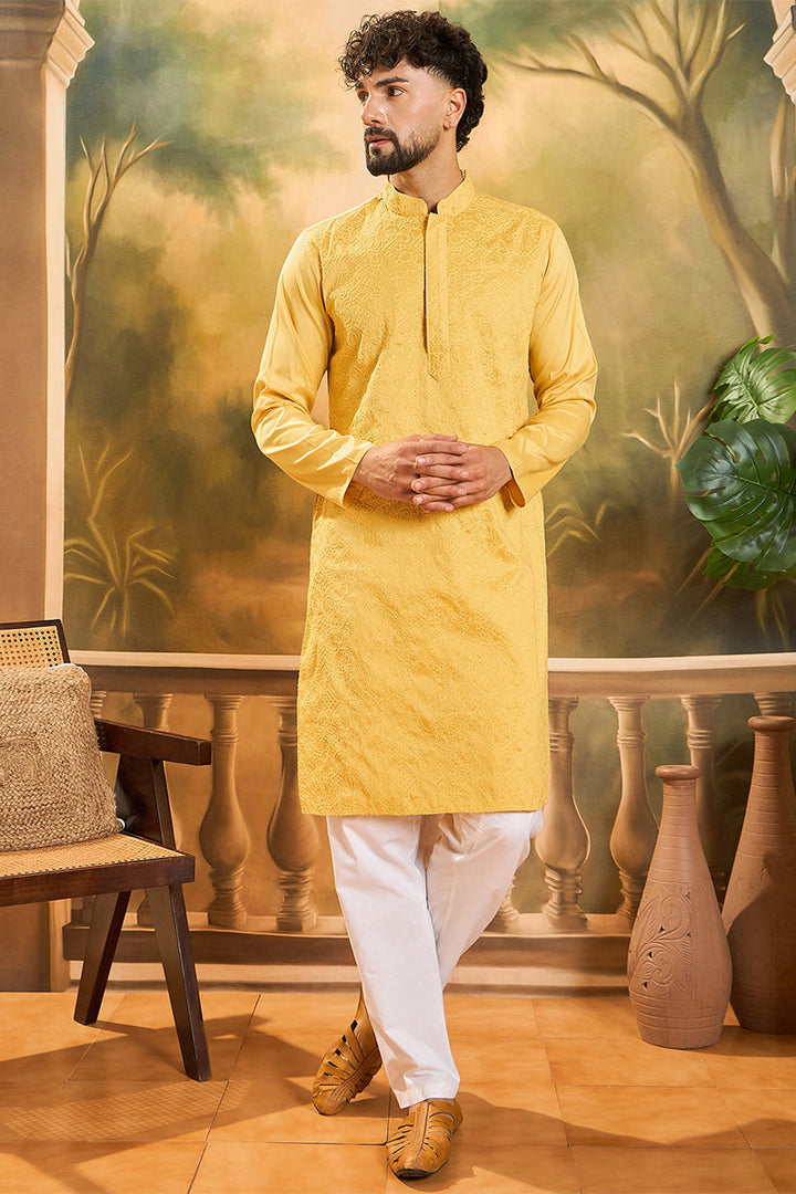 Yellow Silk Blend Solid Embroidered Straight Kurta | SHOBITAM