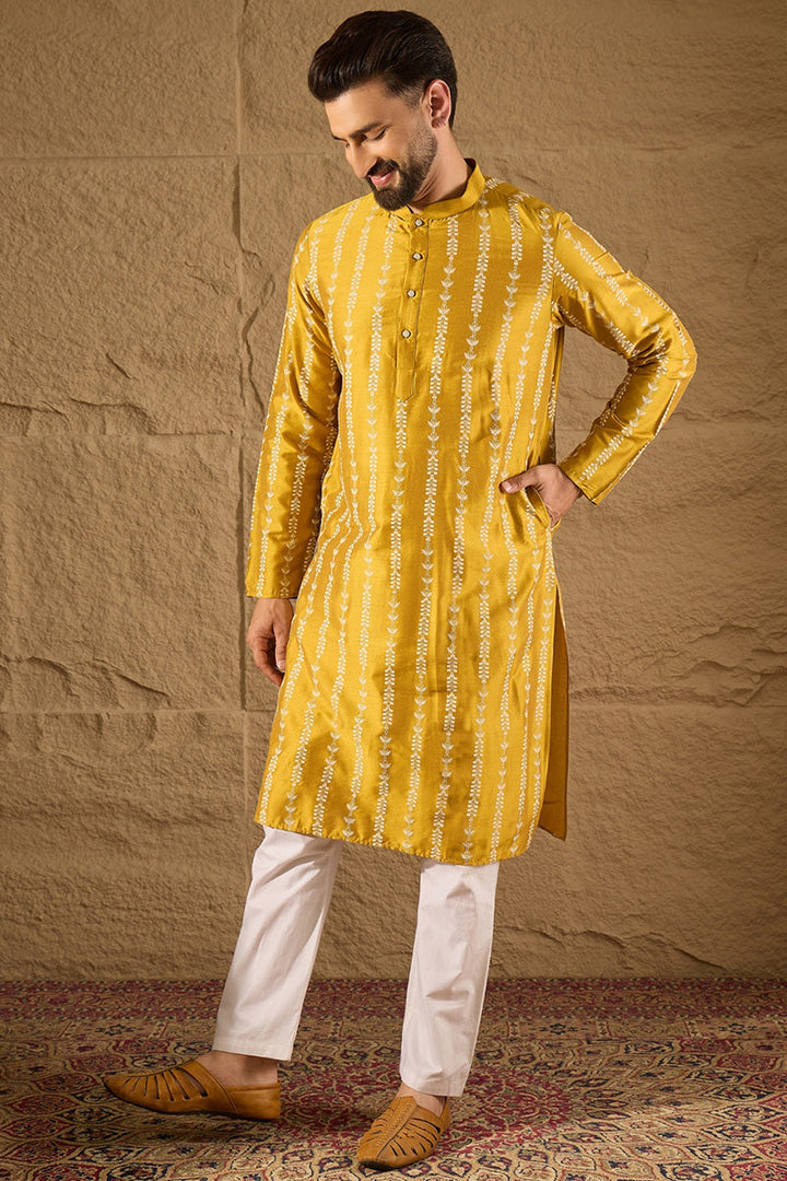 Yellow Viscose Rayon Ethnic Motifs Printed Straight Kurta with Trousers | Shobitam