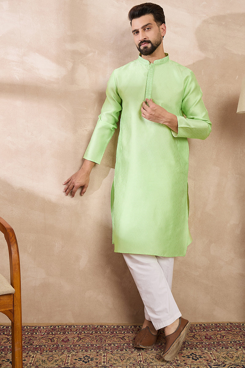 Green Silk Blend Solid Embroidered Straight Kurta With Trouser For Men | SHOBITAM