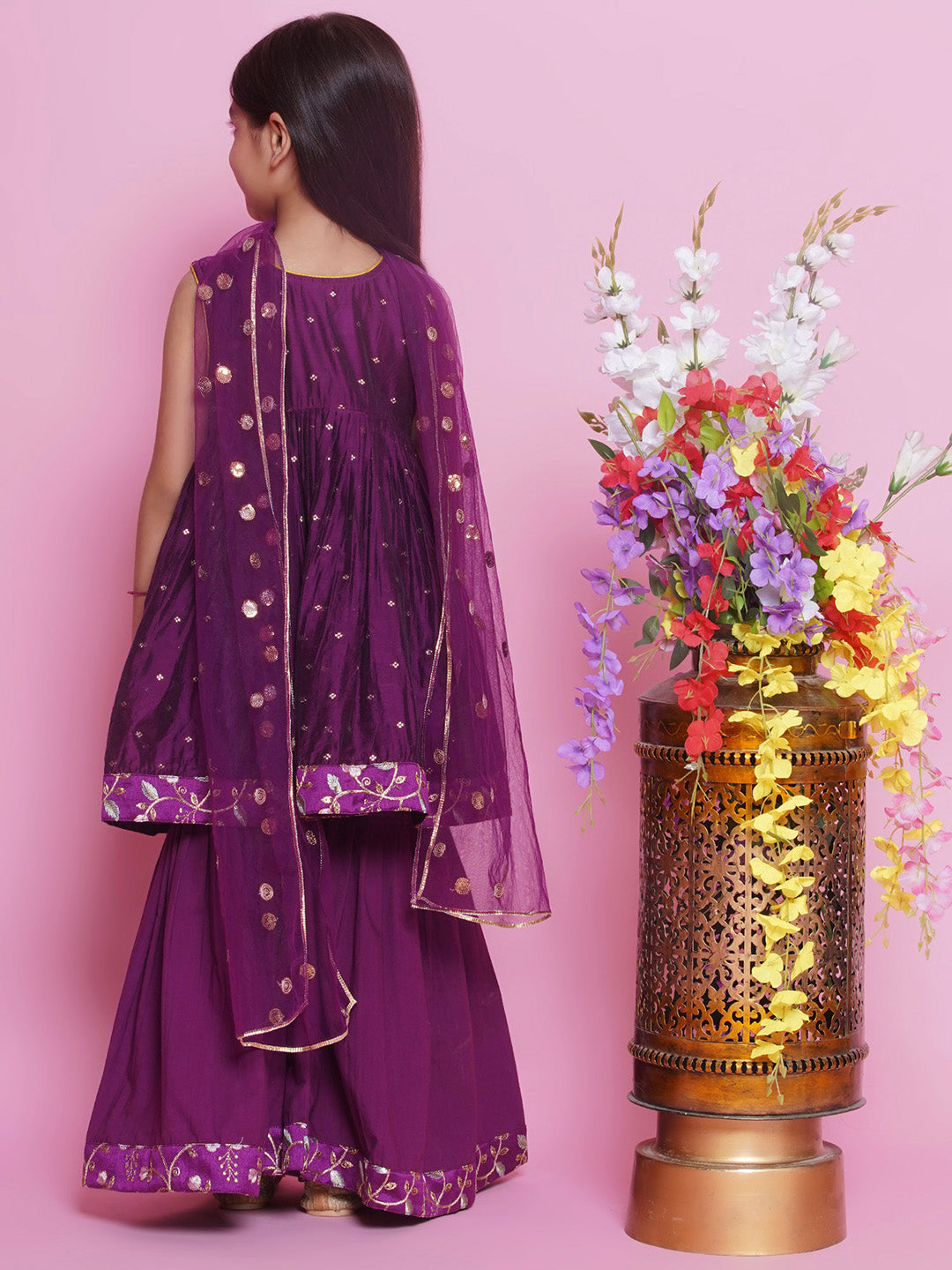 Girls Chanderi Semi- Silk Sleeveless Floral Embrodiery Kurta Frock with Sharara and Dupatta -Rayon Purple | SHOBITAM