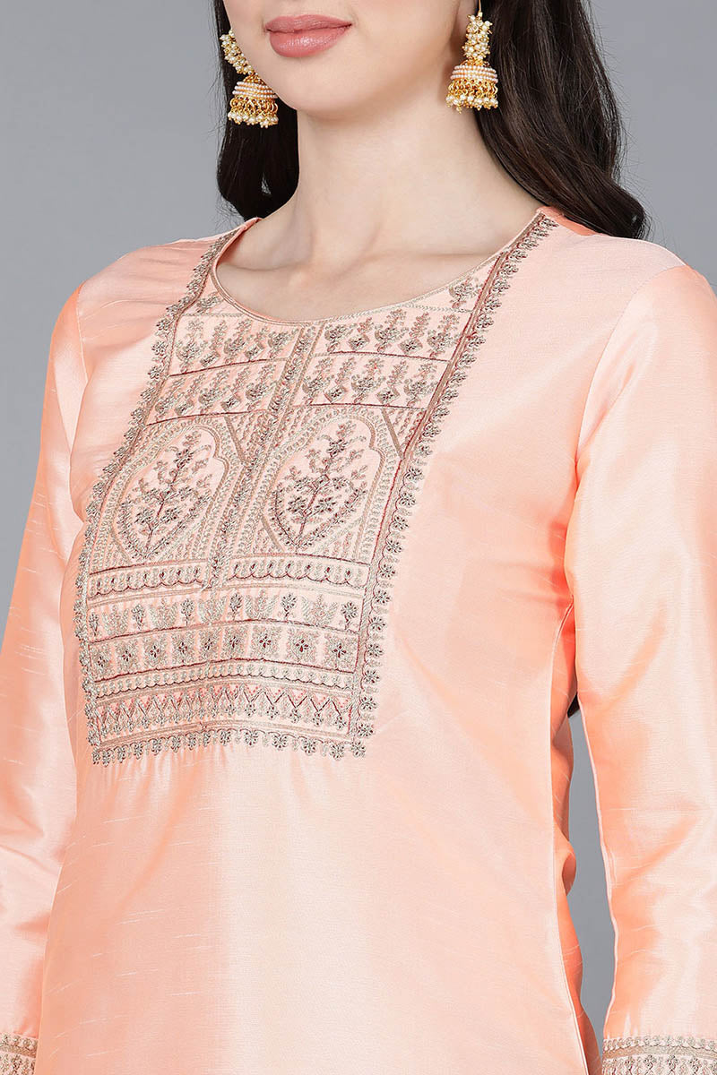 Peach Poly Silk A-Line Kurta Pant With Dupatta  | SHOBITAM
