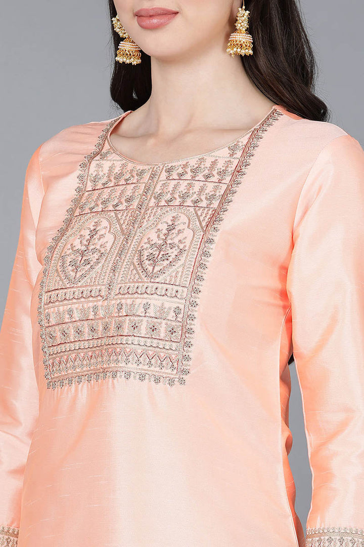 Peach Poly Silk A-Line Kurta Pant With Dupatta  | SHOBITAM