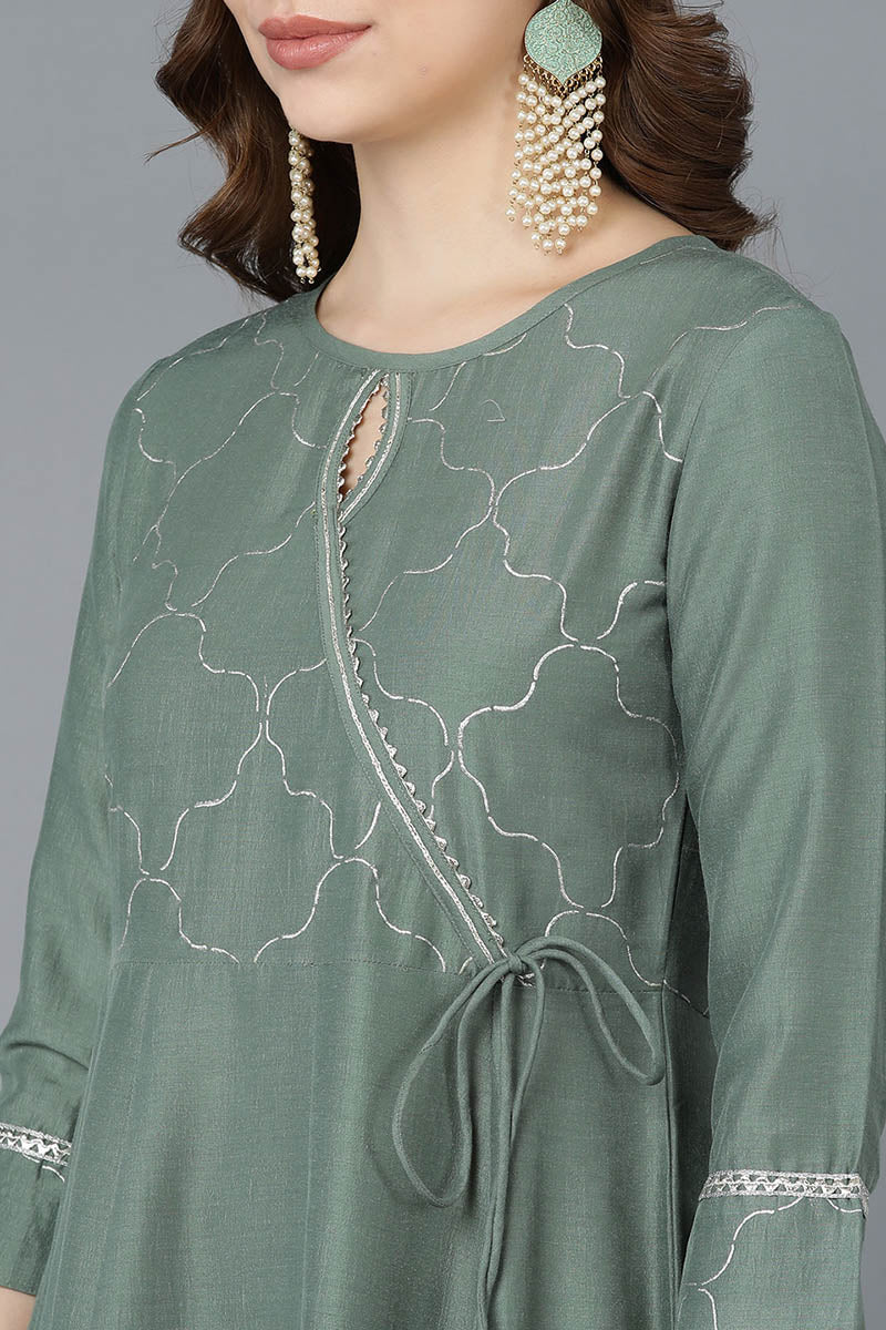 Teal Poly Silk Embroidered Kurta Trousers With Dupatta  | SHOBITAM