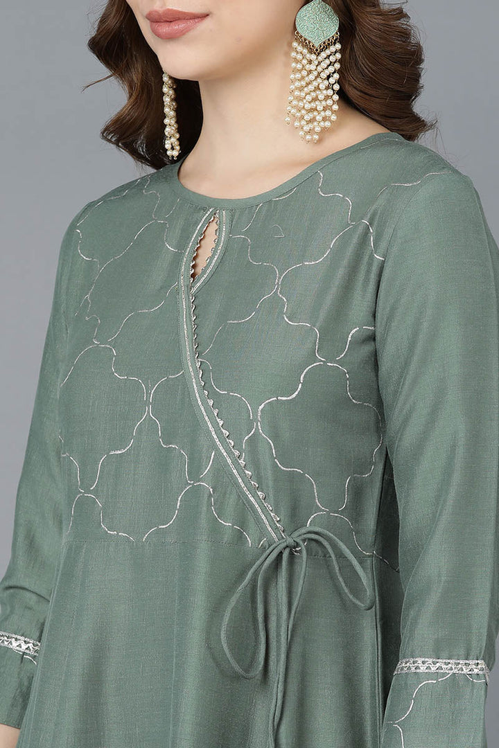 Teal Poly Silk Embroidered Kurta Trousers With Dupatta  | SHOBITAM