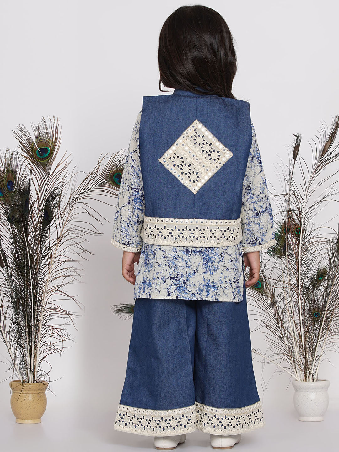 Girls Denim Jacket and Kurta with Patchwork Plazzo - Denim Blue  | SHOBITAM