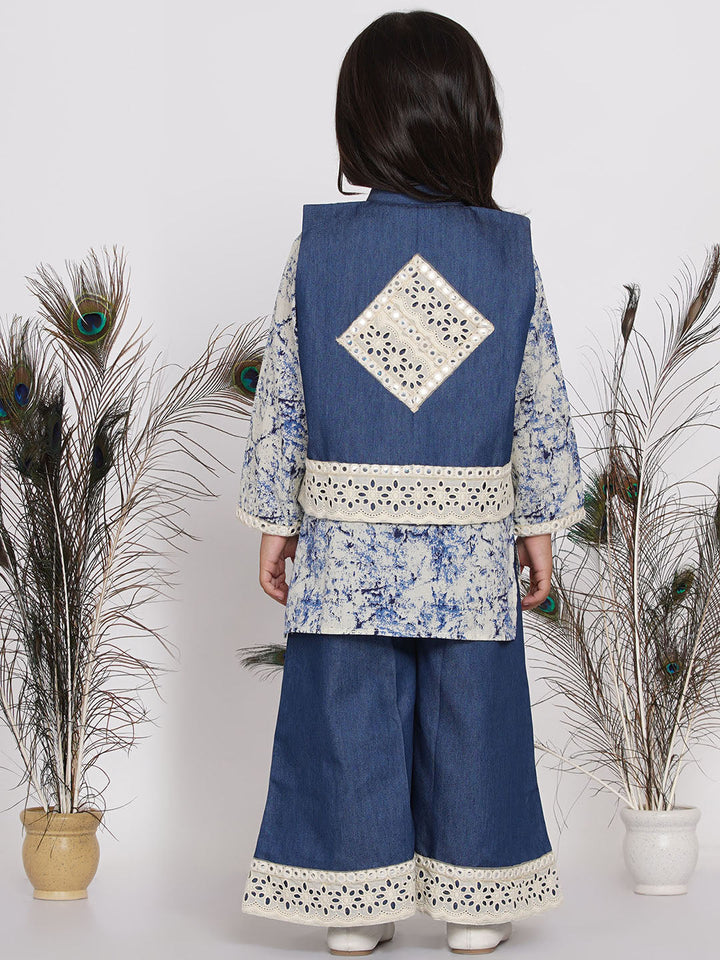 Girls Denim Jacket and Kurta with Patchwork Plazzo - Denim Blue  | SHOBITAM
