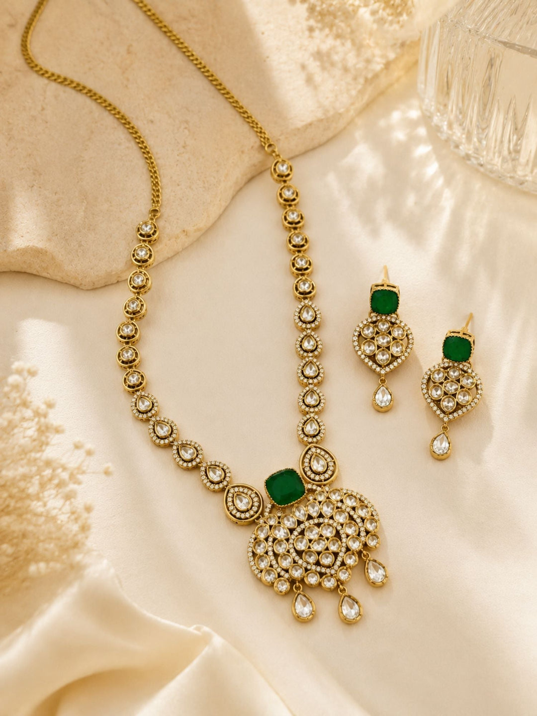 Green Kundan Pendant Necklace Set in Gold Plating | SHOBITAM