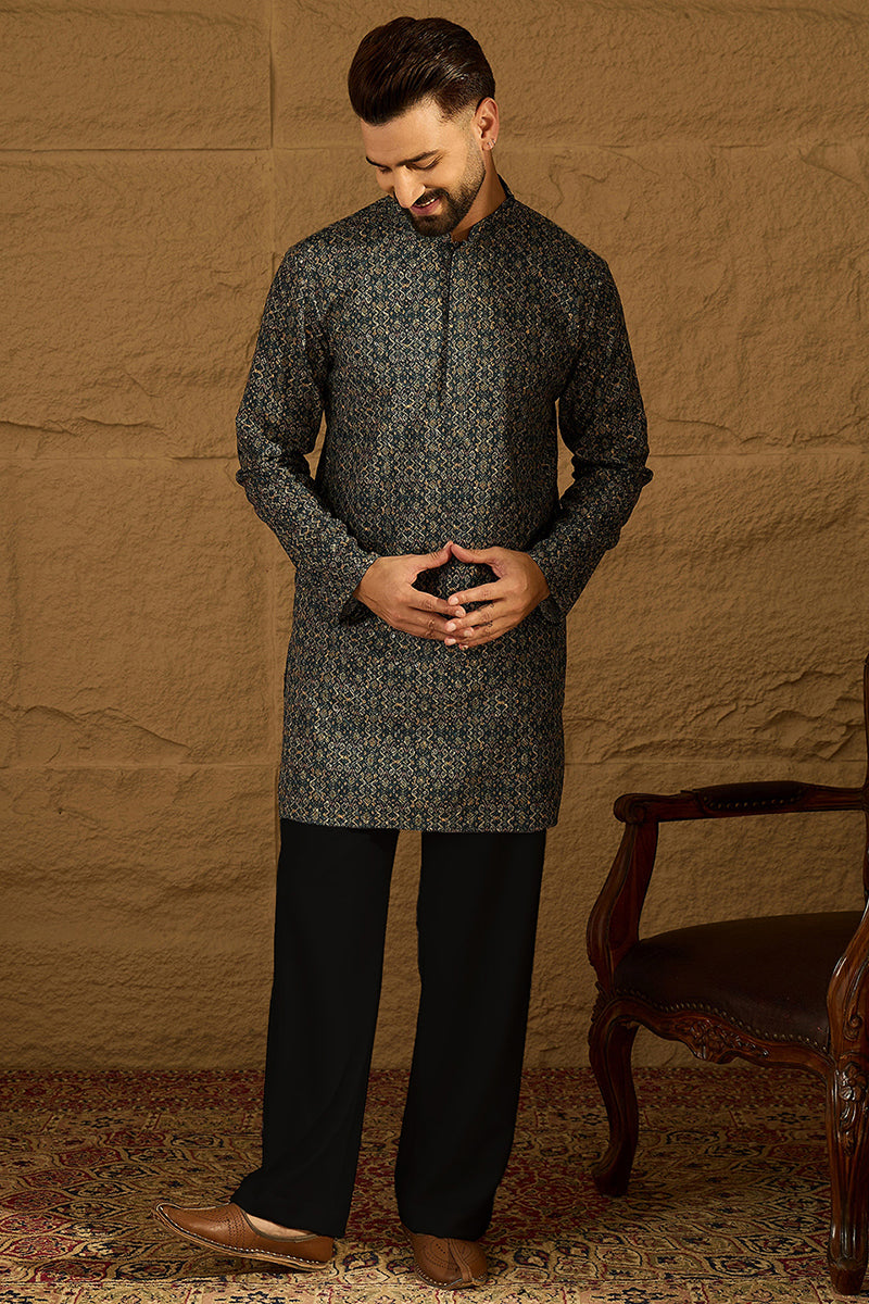 Navy Blue Viscose Rayon Geometric Printed Straight Kurta with Trouser | SHOBITAM