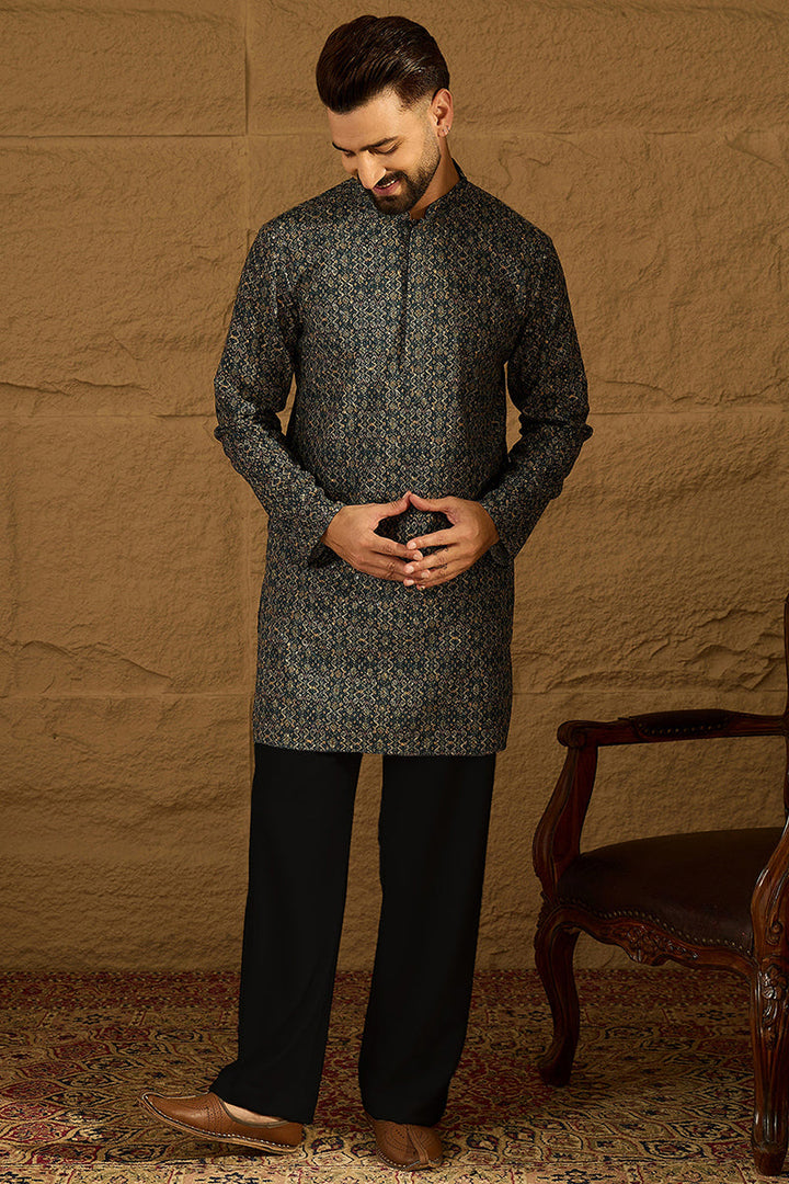 Navy Blue Viscose Rayon Geometric Printed Straight Kurta with Trouser | SHOBITAM
