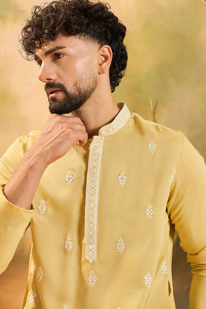 Yellow Silk Solid Embroidered Straight Kurta | SHOBITAM