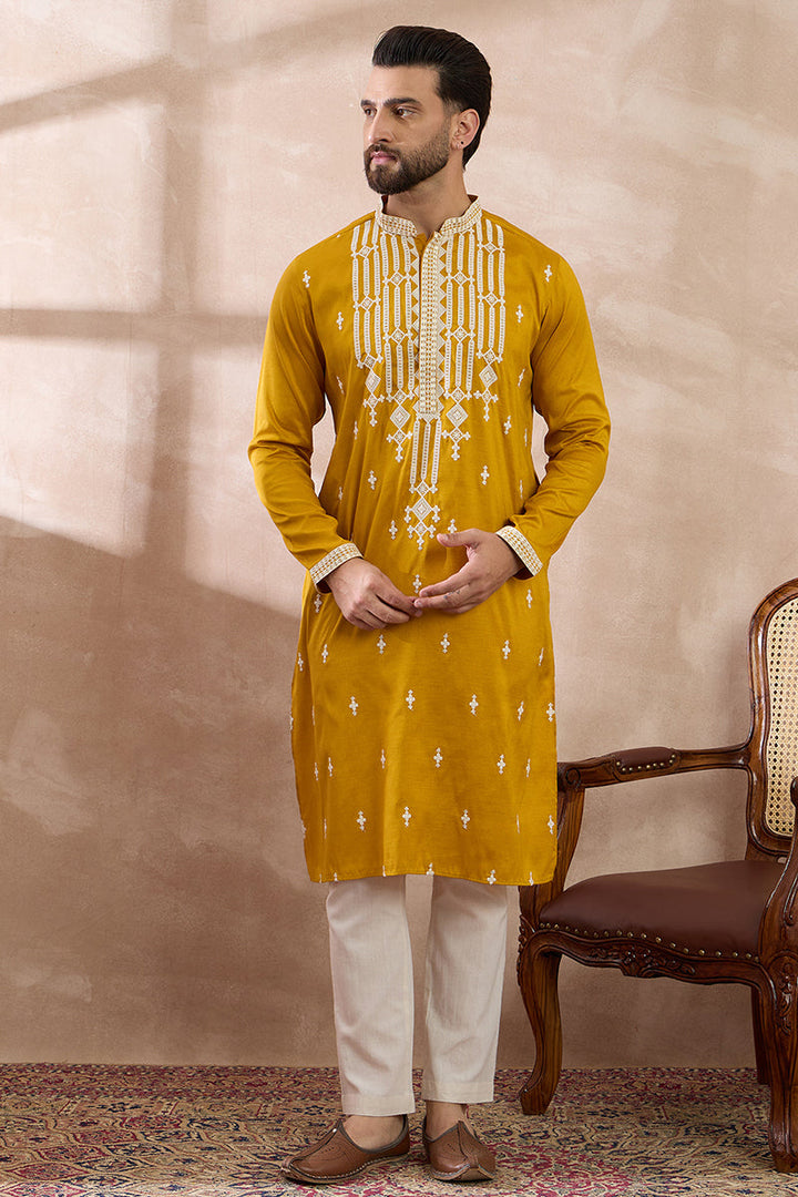 Yellow Silk Blend Embroidered Mandarin Collar Straight Kurta | SHOBITAM