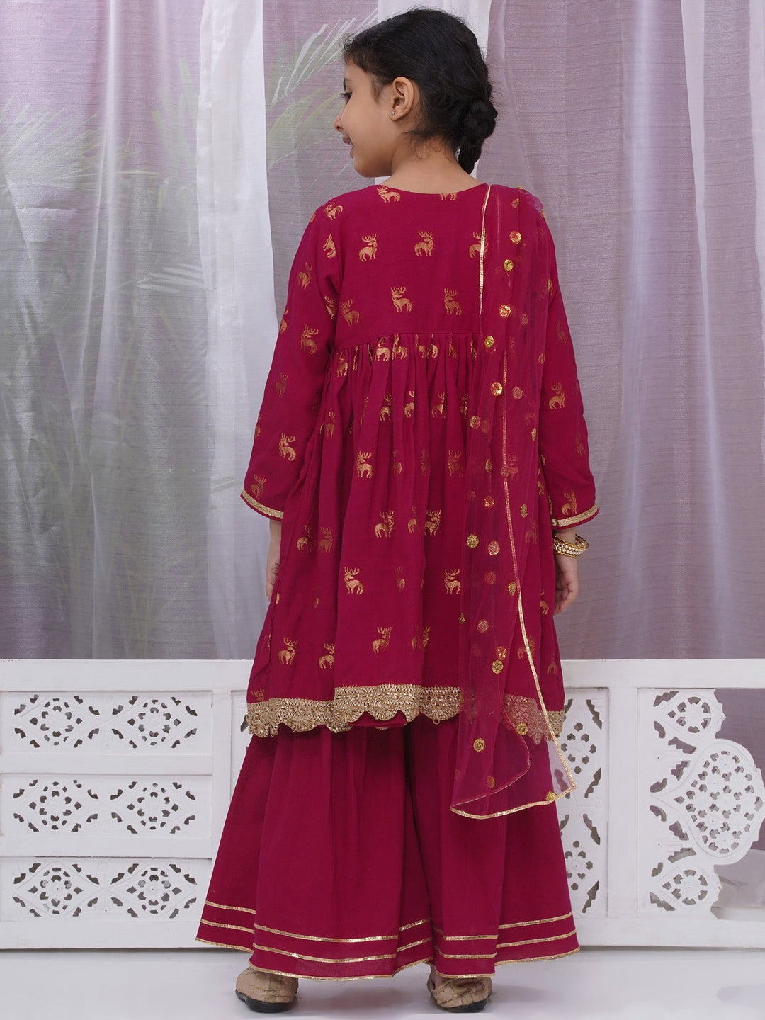 Girls Cotton Three Fourth Sleeves Angrakha Kurta with Sharara and Net Dupatta with Deer Design Zari Work - Rose Red | SHOBITAM