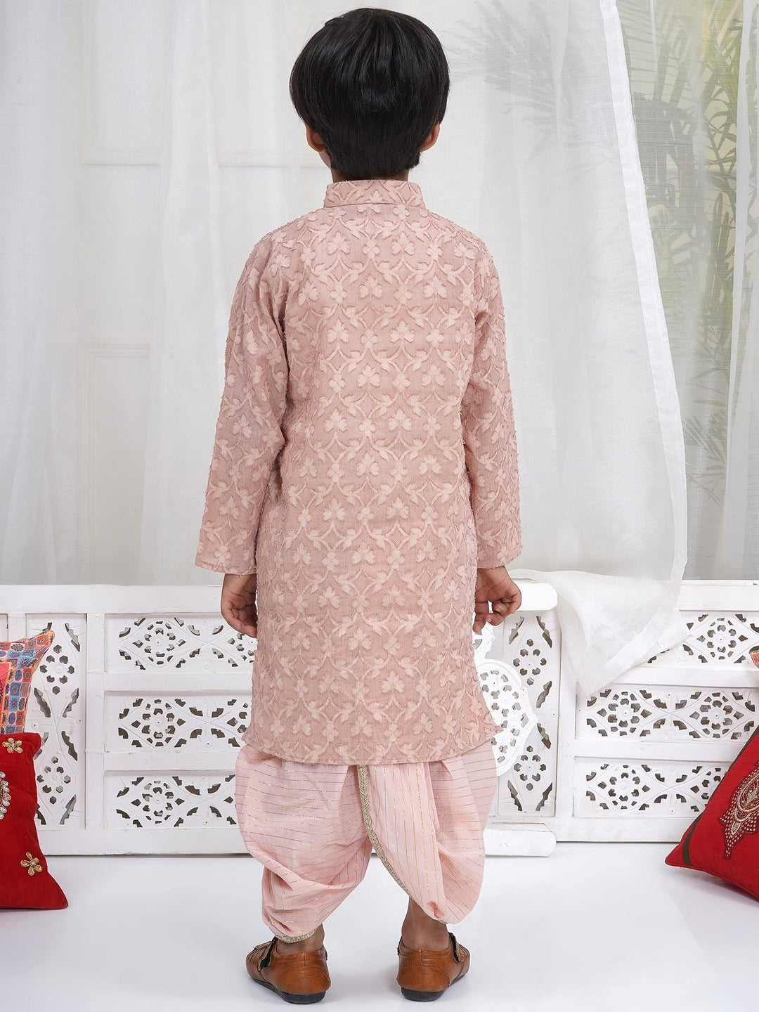 Boys Cotton Full Sleeves Self Weaving Kurta with Dhoti and Pearl Buttons - Mocha Brown | SHOBITAM