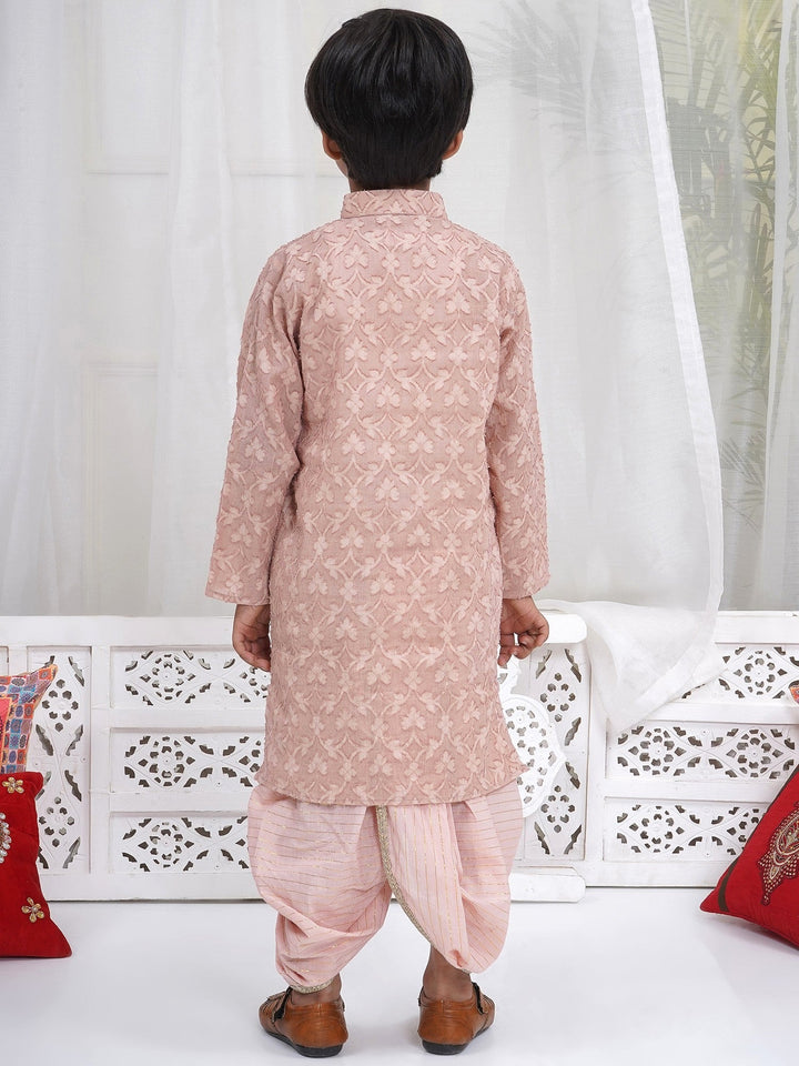 Boys Cotton Full Sleeves Self Weaving Kurta with Dhoti and Pearl Buttons - Mocha Brown | SHOBITAM
