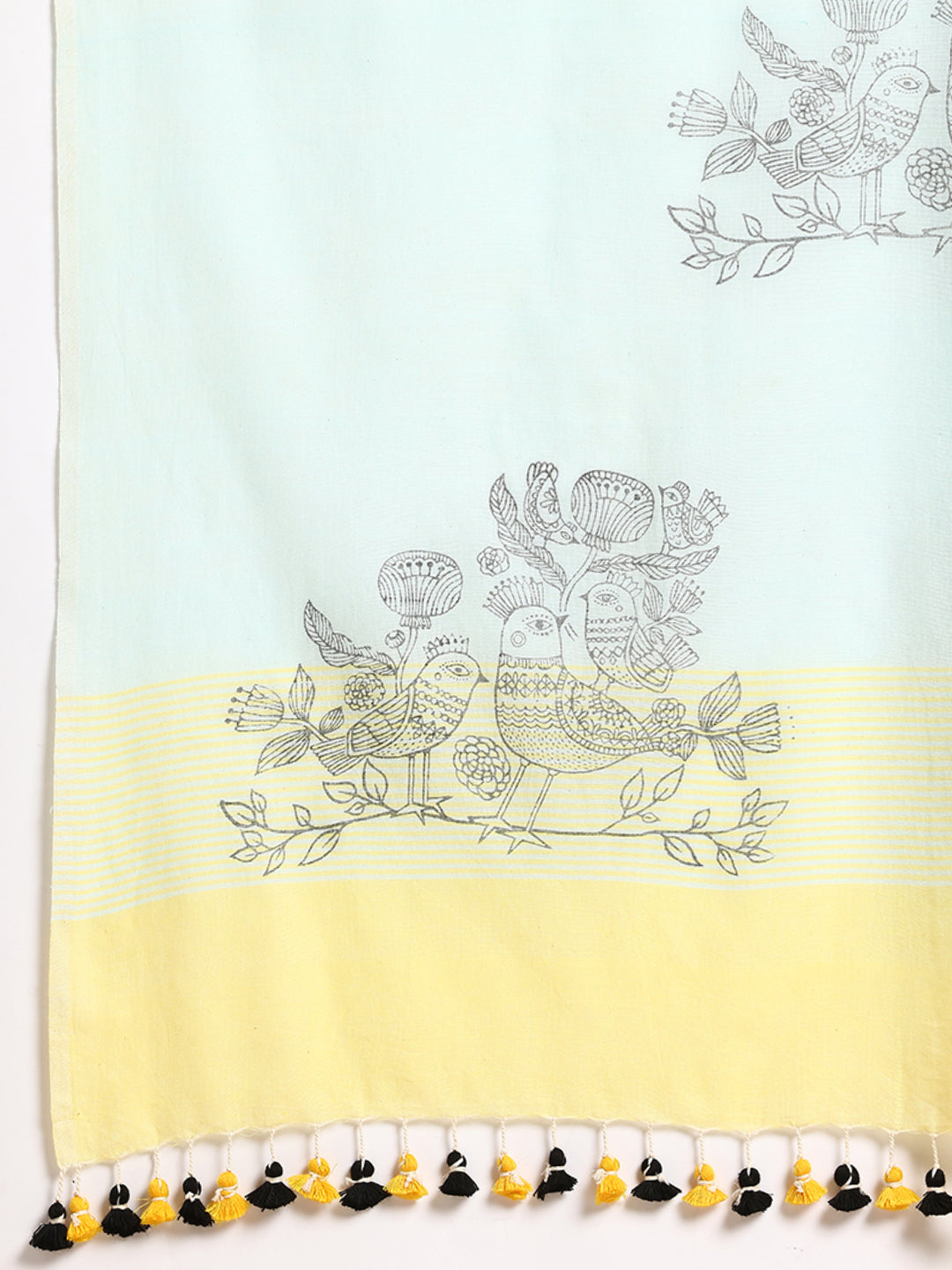 Handloom Sky Blue & Yellow Cotton Bird Print Saree