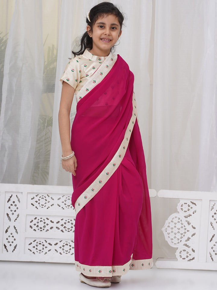 Girls Brocade Short Sleeves Sequin Floral Embroidery Ready to wear Blouse with Ready to wear Georgette Saree - Rani | SHOBITAM