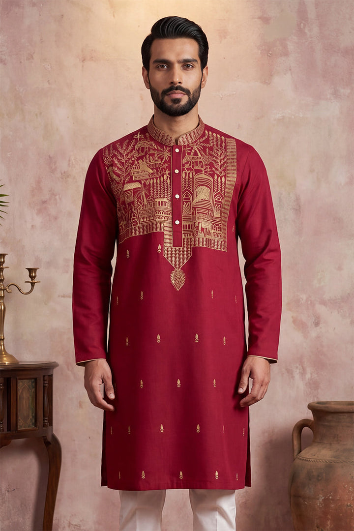 Mens Red Silk Blend Solid Emboidered Straight Kurta With Trouser | SHOBITAM
