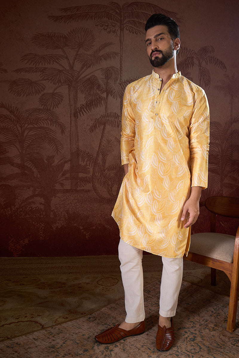 Yellow Silk Blend Floral Printed Straight Kurta With Trouser | SHOBITAM