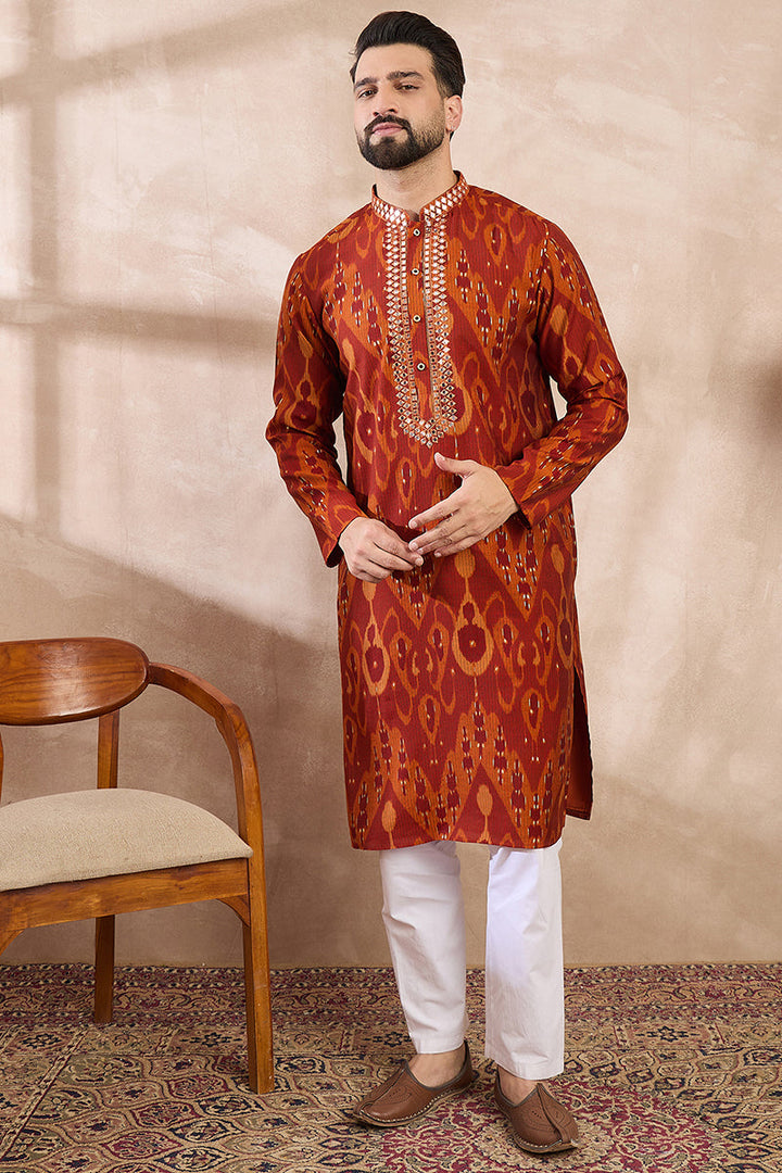 Orange Silk Blend Chevron Printed Straight Kurta For Men | SHOBITAM