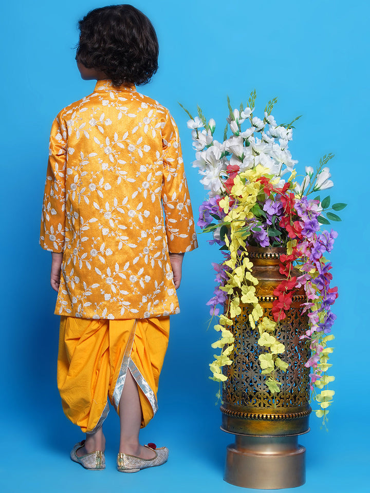 Mulberry Silk Full Sleeves Floral and Leaf Embroidery Sherwani with Dhoti - Yellow
