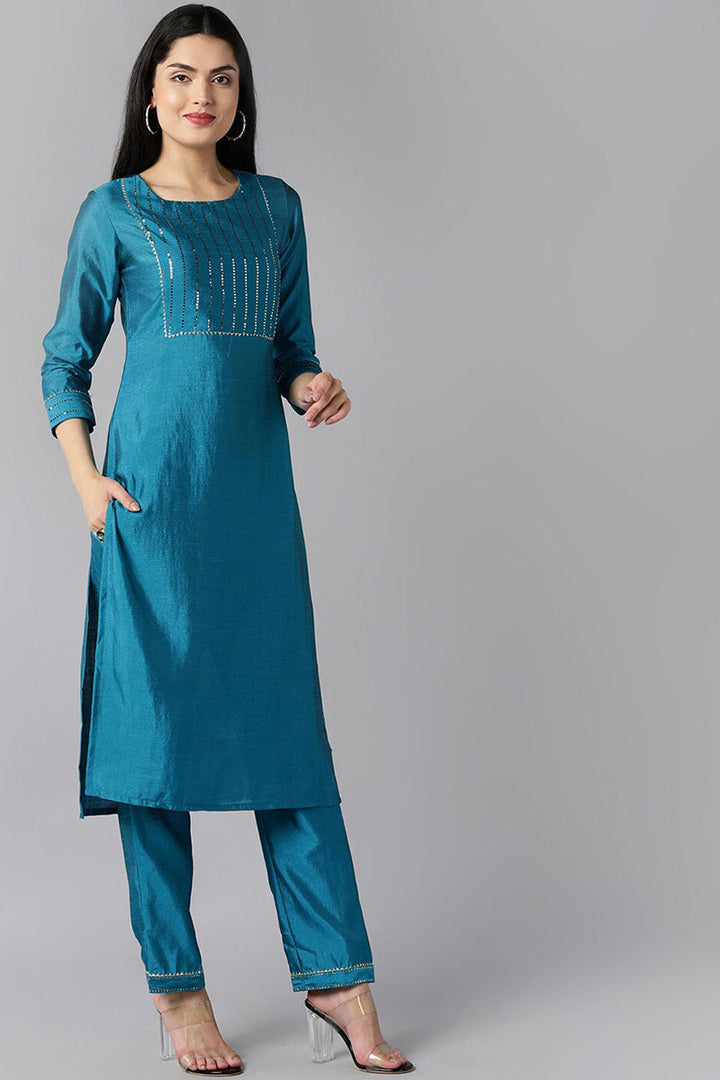 Blue Poly Chanderi Solid Straight Suit Set | SHOBITAM