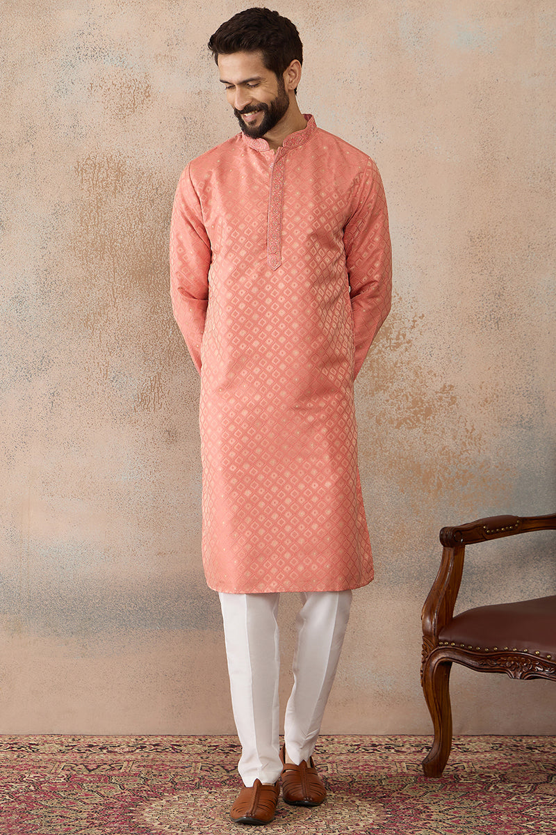 Mens Coral Jacquard Ethnic Motifs Embroidered Kurta | SHOBITAM