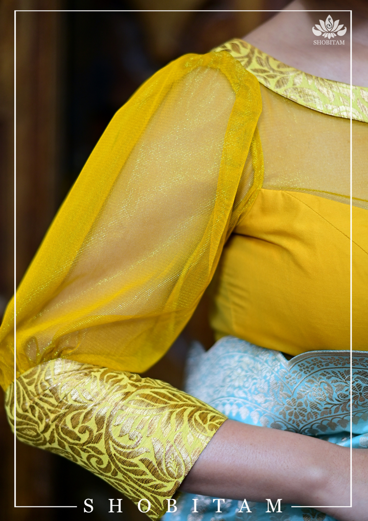 Mustard boat neck Blouse with Sheer Yoke and Puff Sleeves, Banarasi Brocade Detailing