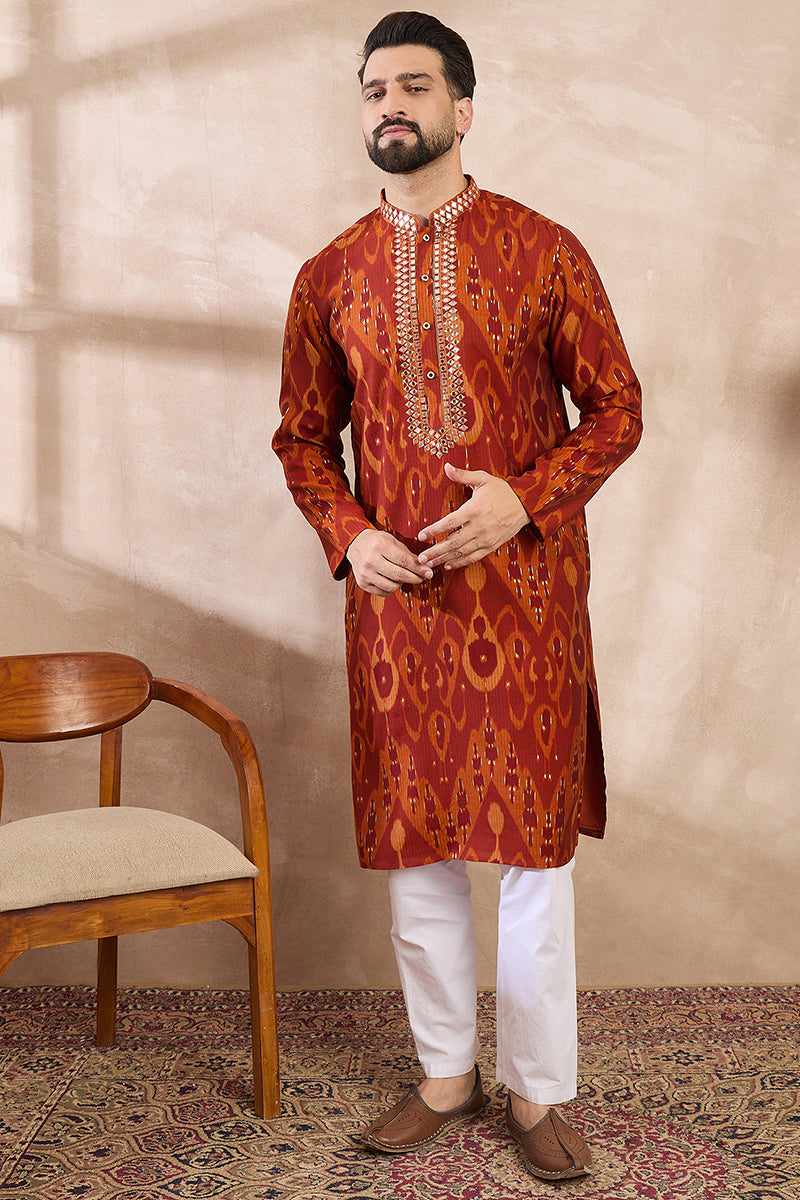 Orange Silk Blend Chevron Printed Straight Kurta With Trouser | SHOBITAM