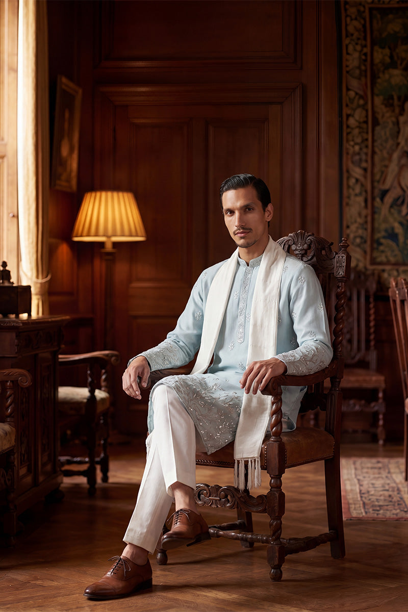 Men Blue Silk Blend Solid Embroidered Straight Kurta Sets  | SHOBITAM