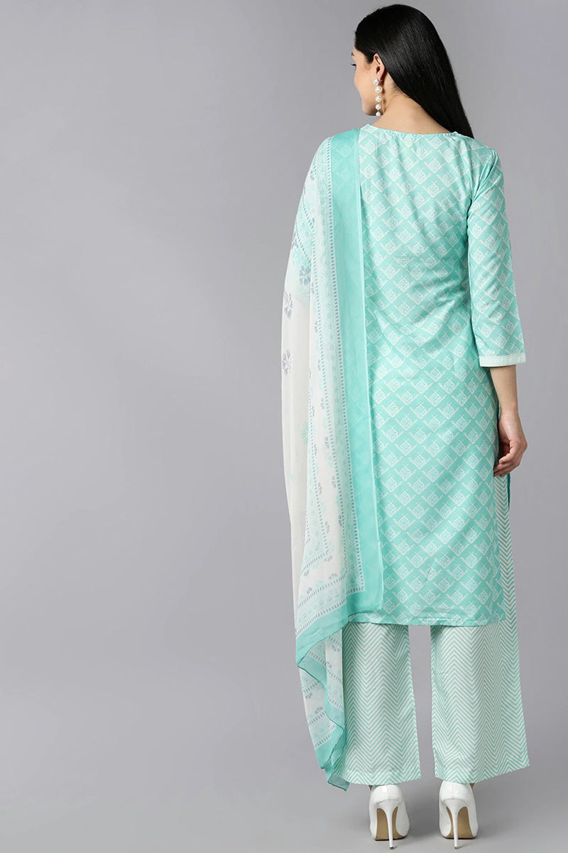 Sea Green Polyester Straight Kurta Palazzo With Dupatta | SHOBITAM